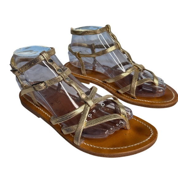 KJACQUES Womens Beige Strappy Adrien Round Toe Buckle Leather Gladiator Sandals Shoes
